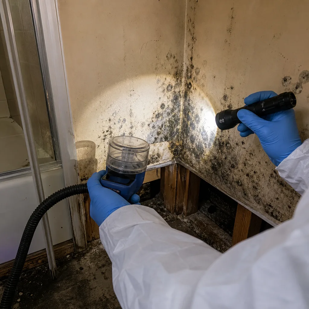 Technician in protective gear performing professional mold remediation and wall inspection.