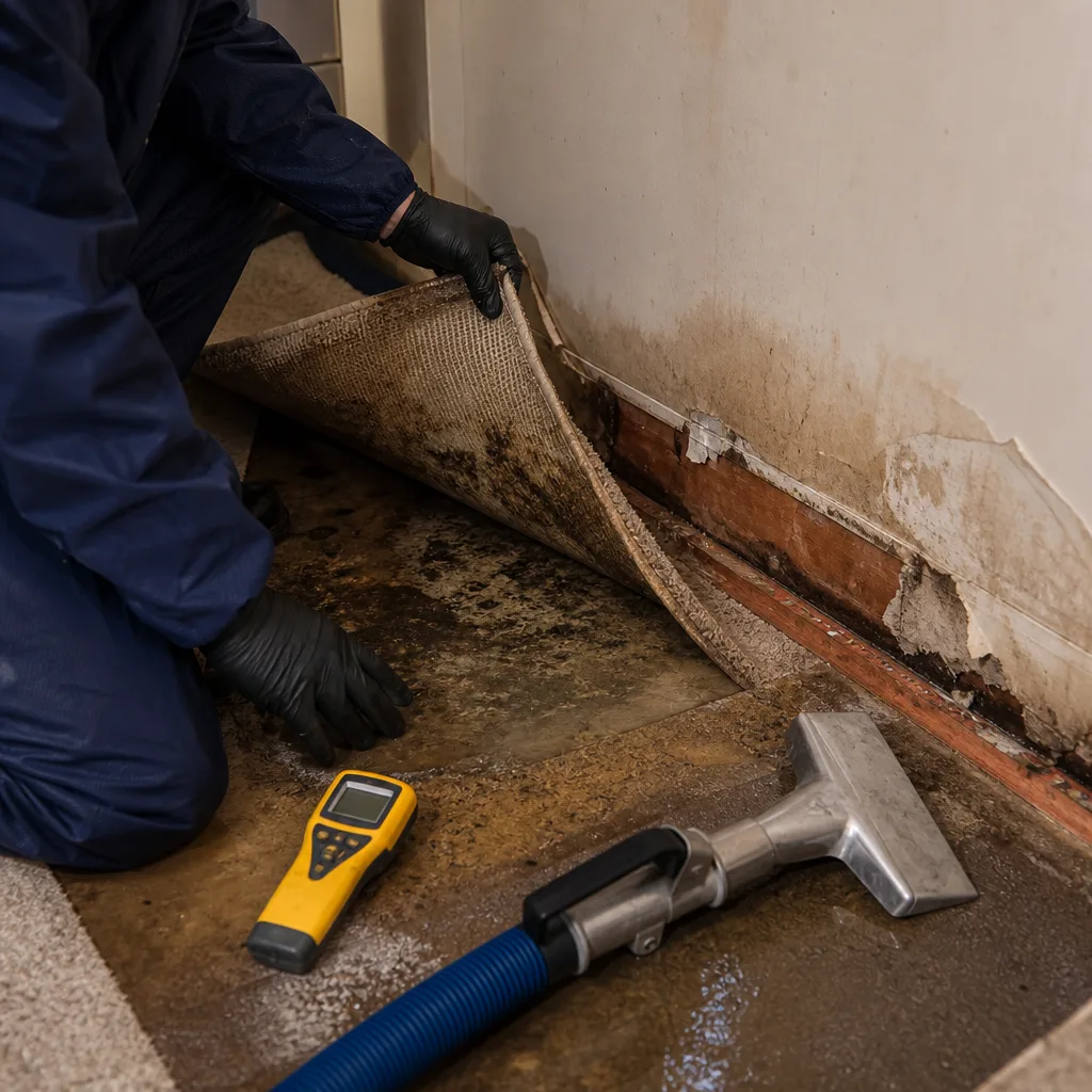 Water damage restoration technician inspecting subfloor moisture with specialized equipment