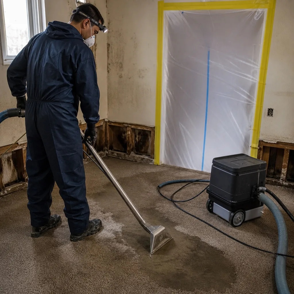 Technician using industrial water extraction equipment for floor damage restoration